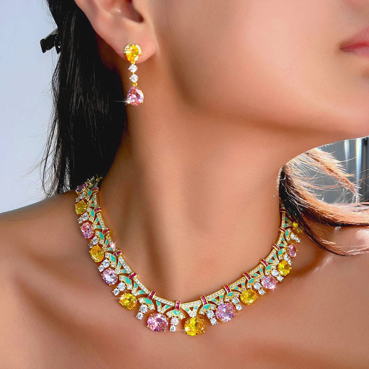 Trendy Necklace Earrings Yellow Pink CZ Oval Green Enamel Necklace Earrings for Women Party With Golden Plated Jewelry Set