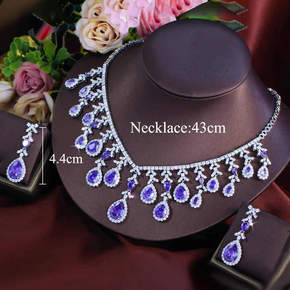 Gorgeous Long Tassel Necklace and Earrings CZ Zirconia Wedding Bridal Party Engagement Luxury Big Purple Jewelry Set for Women
