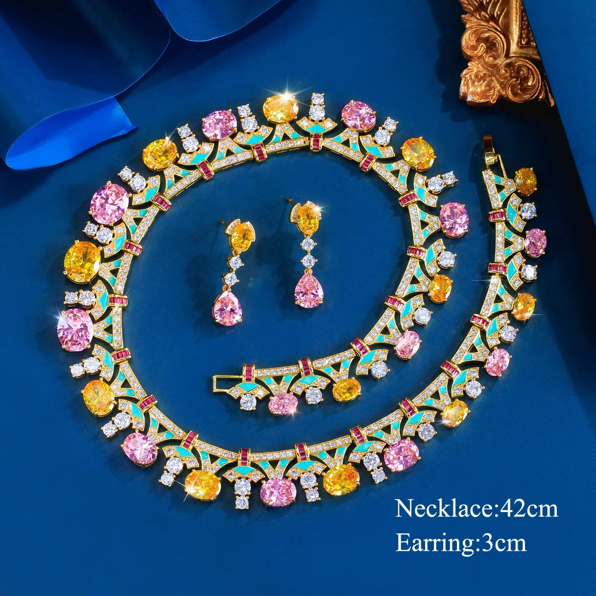 Trendy Necklace Earrings Yellow Pink CZ Oval Green Enamel Necklace Earrings for Women Party With Golden Plated Jewelry Set