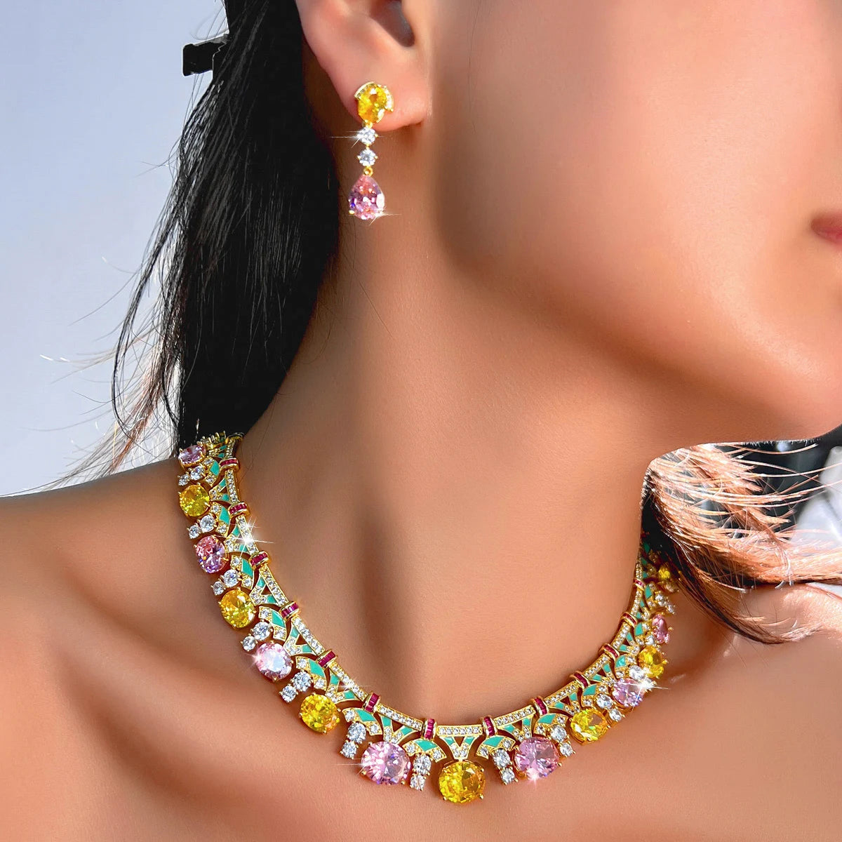 Trendy Necklace Earrings Yellow Pink CZ Oval Green Enamel Necklace Earrings for Women Party With Golden Plated Jewelry Set