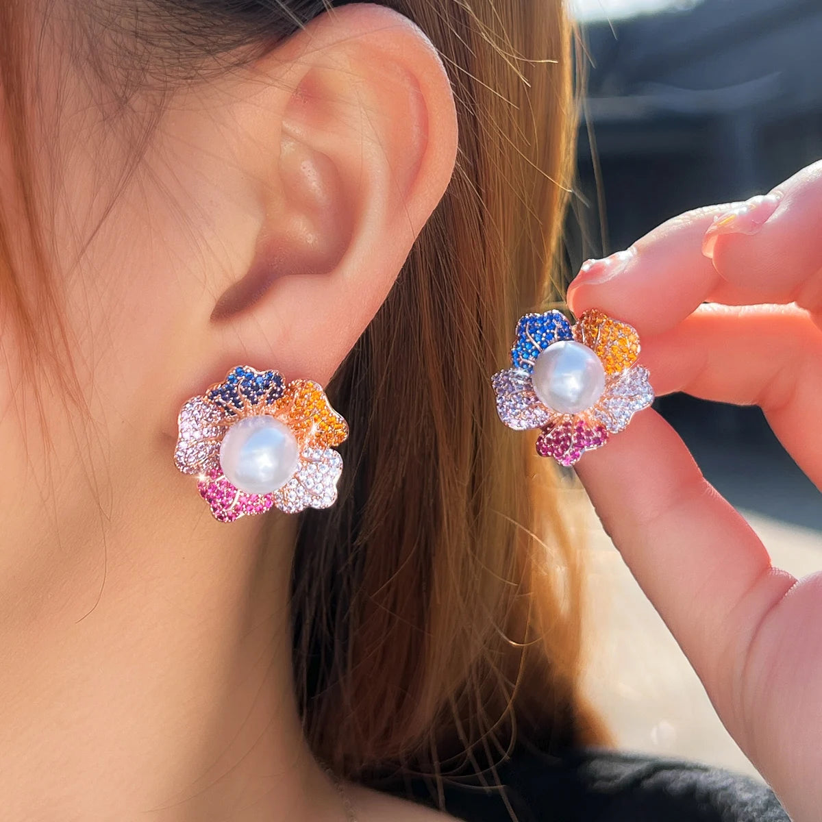 Cute Multicolored CZ Stud Earrings Cubic Zircon Flower Pearl Stud Earrings for Women Party Jewelry With Rose Gold Plated Jewelry