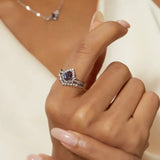 Crescent Moon Alexandrite Bridal Ring Set — pear-cut lab-created alexandrite two-ring set in rhodium-plated sterling silver