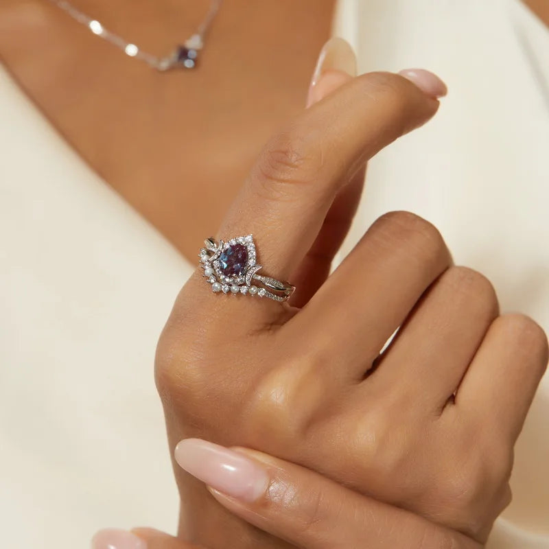 Crescent Moon Alexandrite Bridal Ring Set — pear-cut lab-created alexandrite two-ring set in rhodium-plated sterling silver