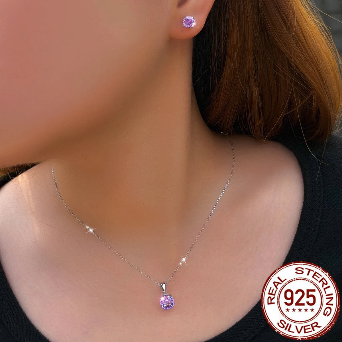 CZ Pendant Earrings Purple Zircon Round Rose Flower Cut Necklace Earrings for Girl Daily Wear 925 Sterling Silver Jewelry Set