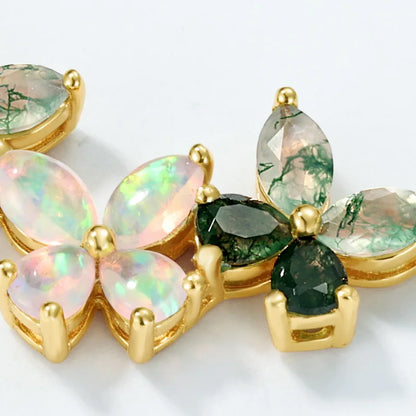 Trio Butterfly Moss Agate Opal Necklace — marquise-cut natural moss agate and opal butterfly pendant in gold-plated sterling silver, view 4 of 5