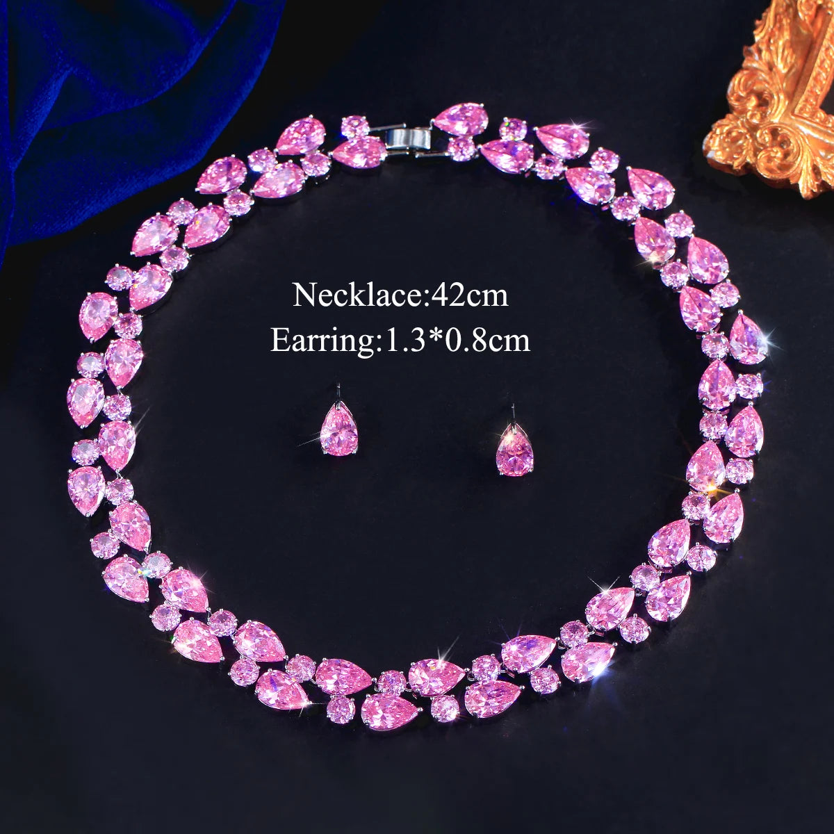 Lovely Rhodium Plated Necklace Stud Earrings Pink CZ Long Round Drop Necklace Stud Earrings for Women Brides Costume Jewelry