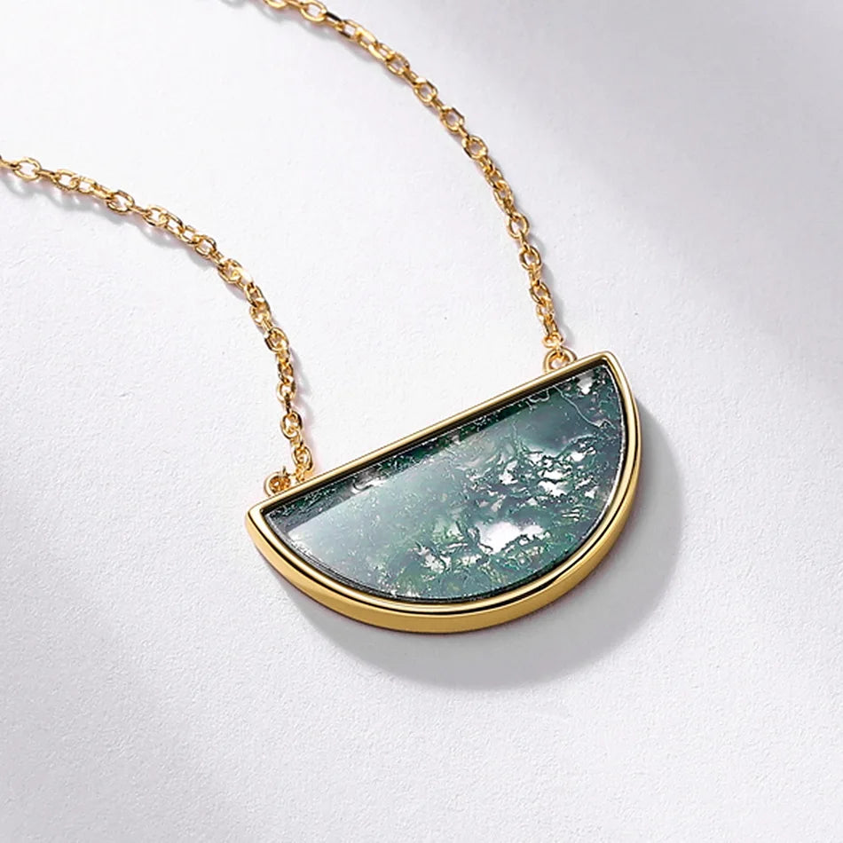 Half Circle Moss Agate Bar Necklace — half-circle bar of natural moss agate in gold-plated sterling silver, view 4 of 5