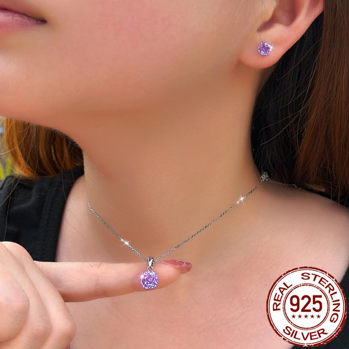 CZ Pendant Earrings Purple Zircon Round Rose Flower Cut Necklace Earrings for Girl Daily Wear 925 Sterling Silver Jewelry Set