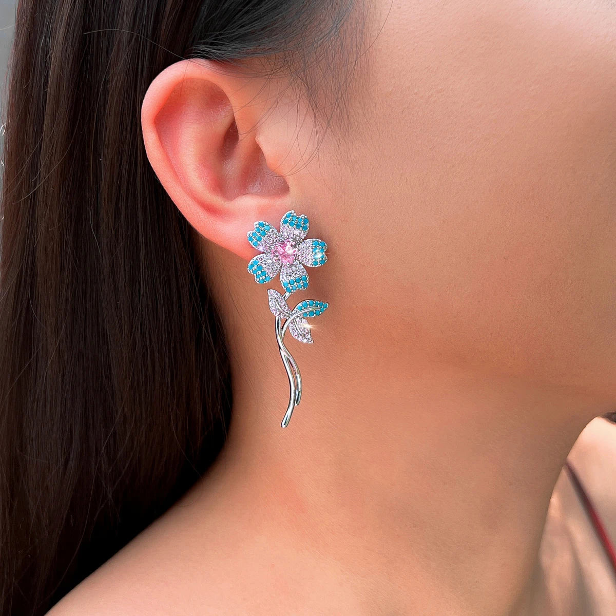 Classy CZ Pink Heart Earrings Turquoise Flower Rhodium Plated Cubic Zircon Dangle Drop Earrings for Women Brides Wedding Jewelry