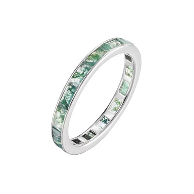 Moss Agate Eternity Band Ring — channel-set baguette-cut natural green moss agate in sterling silver