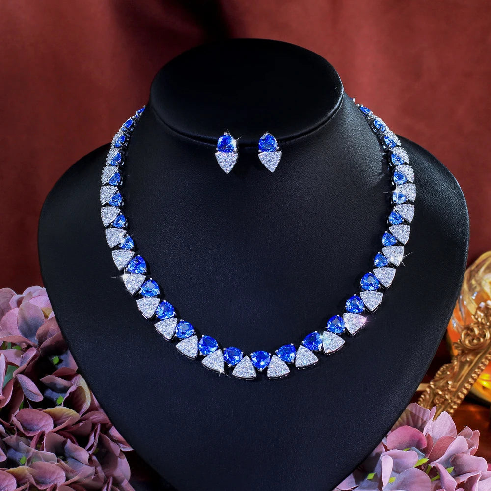 Luxury Unique Shiny Blue Synthetic Tanzanite Stone and White Zirconia Triangle Shape Bridal Wedding Party Jewelry Set for Women