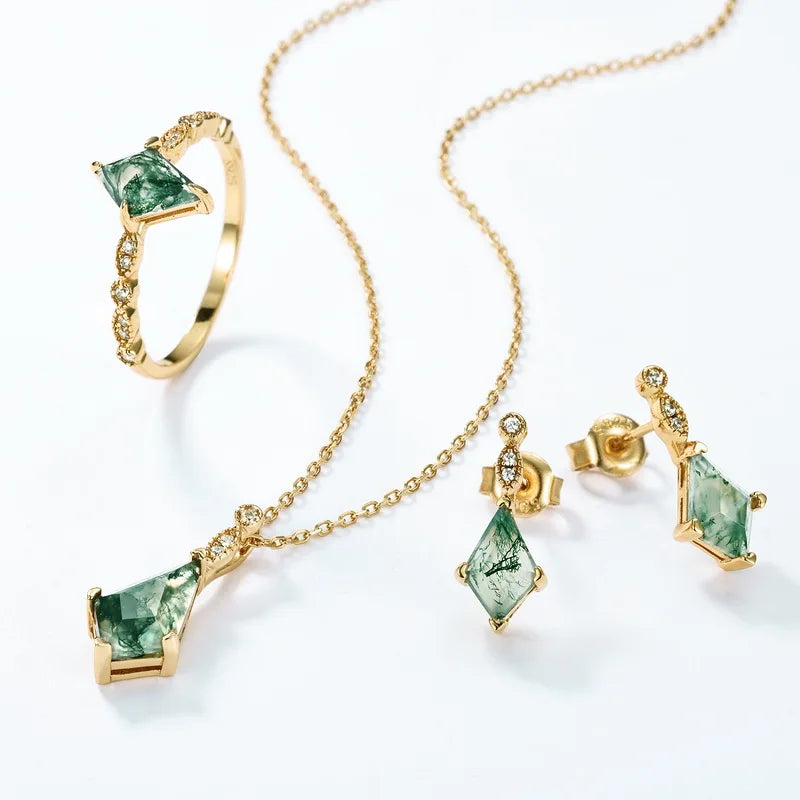 Faceted Kite Moss Agate Gold Necklace — faceted kite-cut natural moss agate in 10K gold-plated sterling silver, view 6 of 6