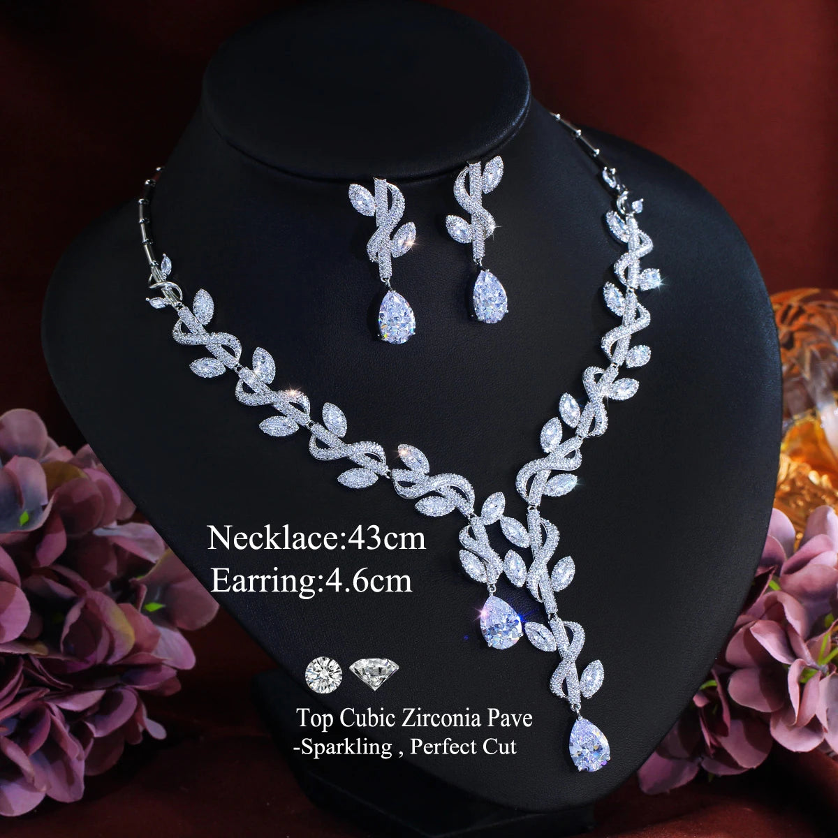 Elegant Cubic Zirconia Luxury Necklace and Earrings Women Big Leaf Weed Shape Jewelry Set for Wedding Bride Anniversary Gift