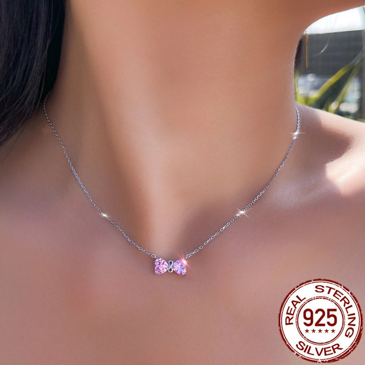 Solid 925 Sterling Silver Jewelry Lovely Pink Heart Cubic Zirconia Bow Pendant Necklace Jewelry for Women Birthday Dating Gifts