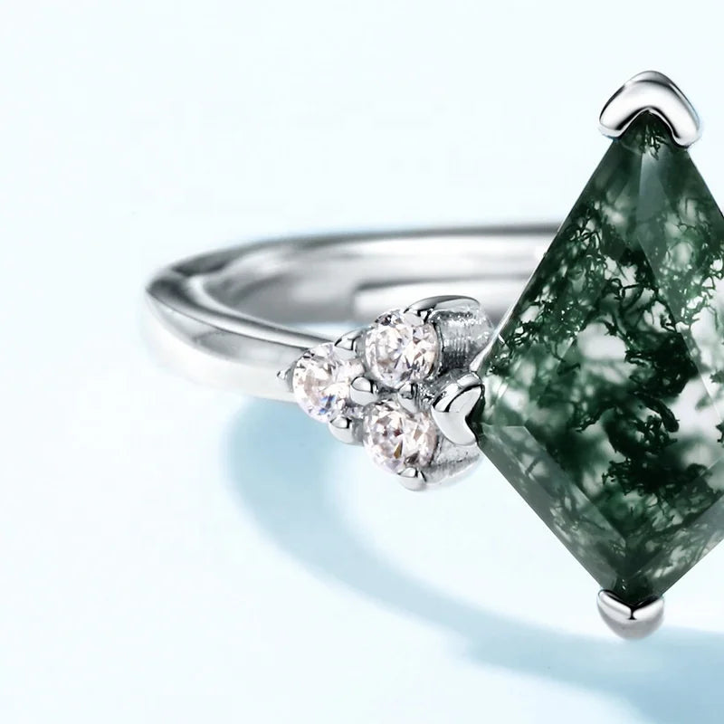 Dainty Silver Moss Agate Adjustable Ring — claw-set kite-cut green moss agate adjustable ring in sterling silver, view 5 of 5