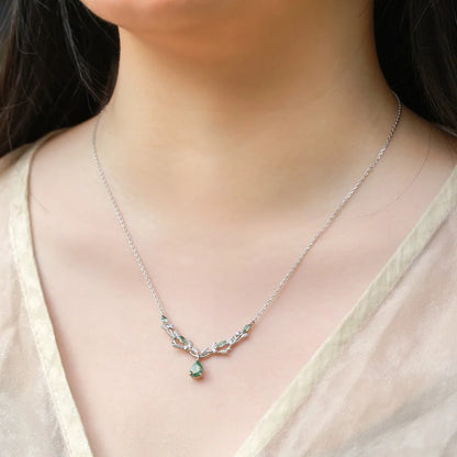 Vine Branch Moss Agate Teardrop Necklace — teardrop natural moss agate in sterling silver vine work, view 5 of 5
