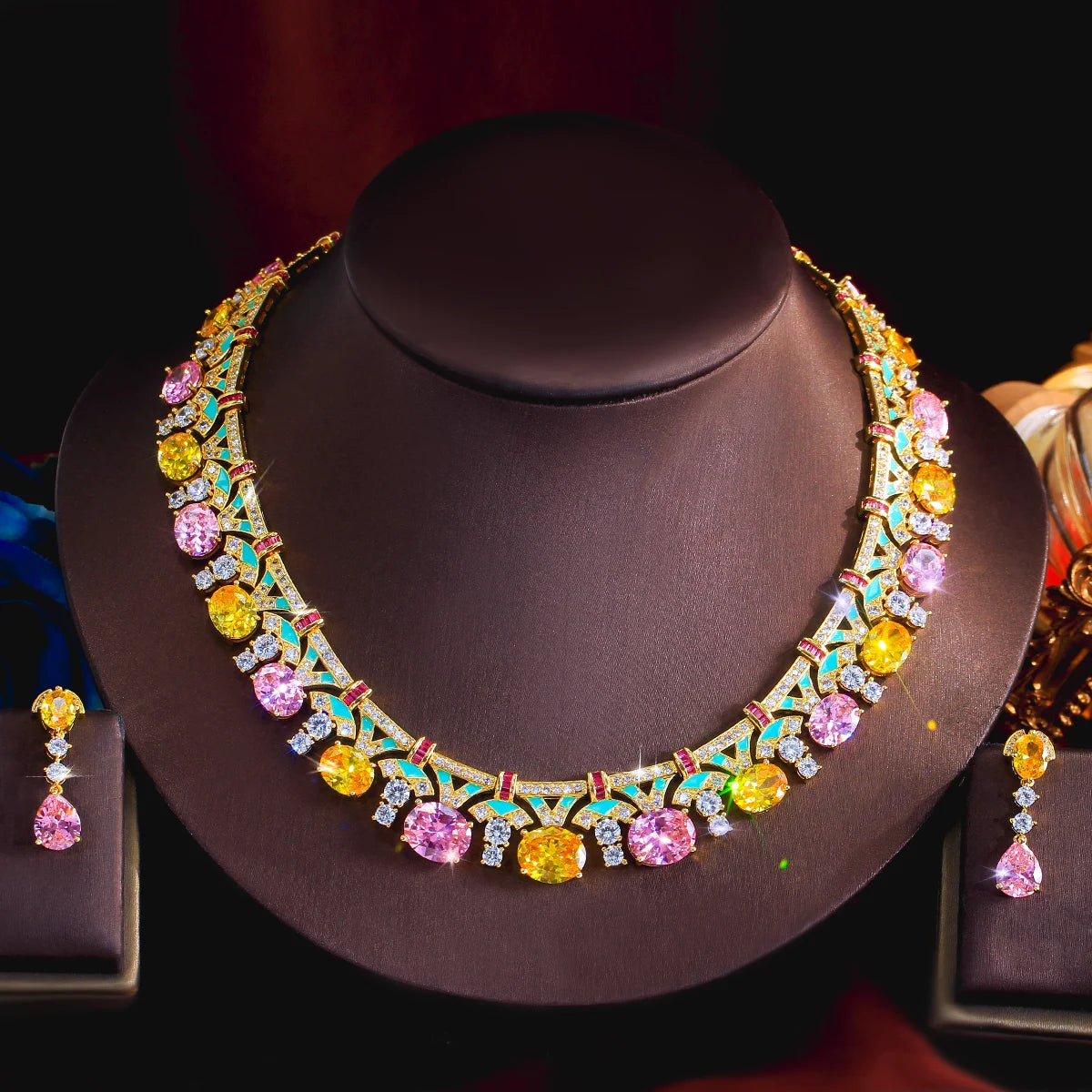 Trendy Necklace Earrings Yellow Pink CZ Oval Green Enamel Necklace Earrings for Women Party With Golden Plated Jewelry Set