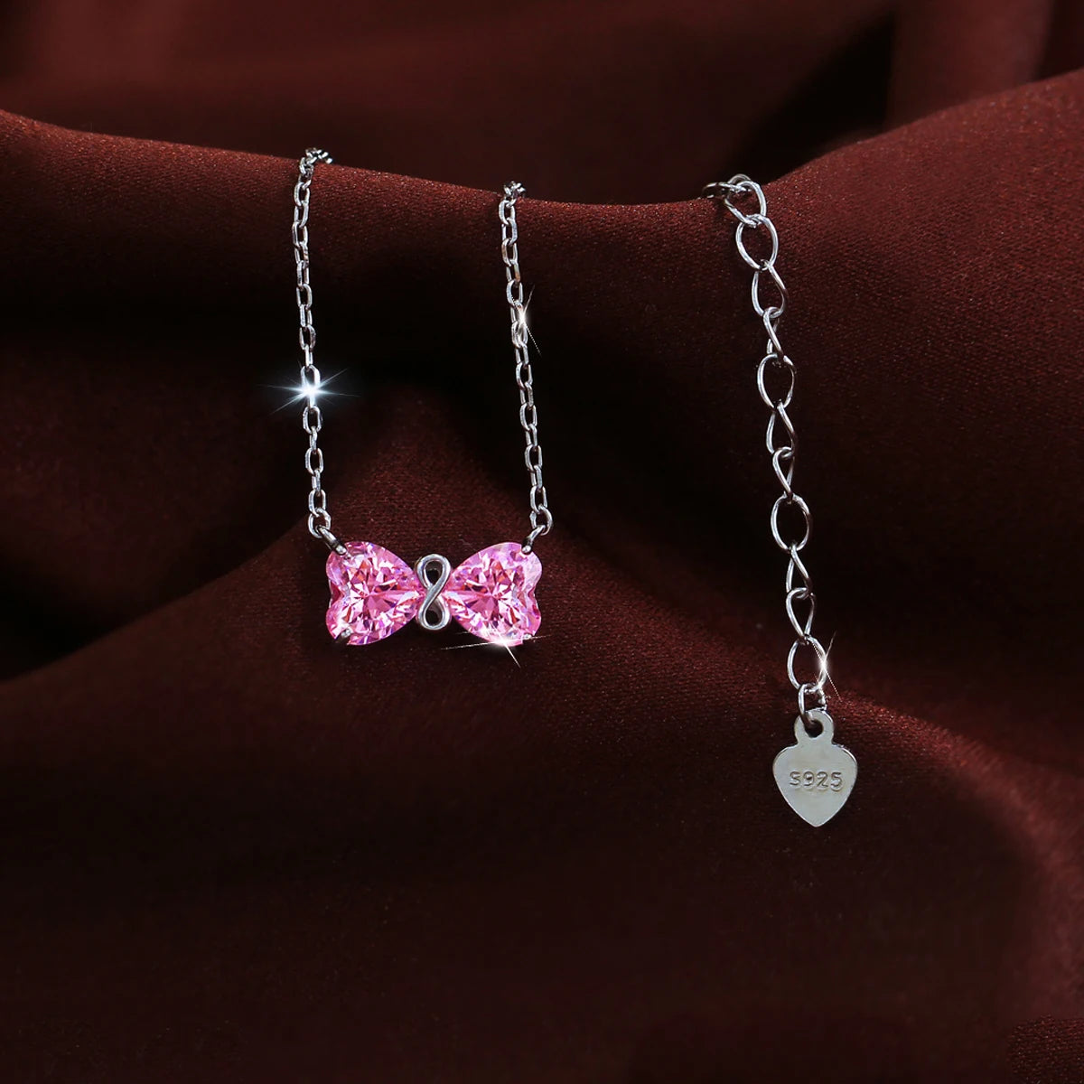 Solid 925 Sterling Silver Jewelry Lovely Pink Heart Cubic Zirconia Bow Pendant Necklace Jewelry for Women Birthday Dating Gifts