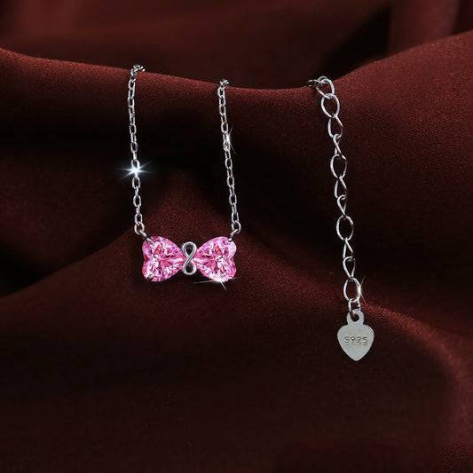 Solid 925 Sterling Silver Jewelry Lovely Pink Heart Cubic Zirconia Bow Pendant Necklace Jewelry for Women Birthday Dating Gifts