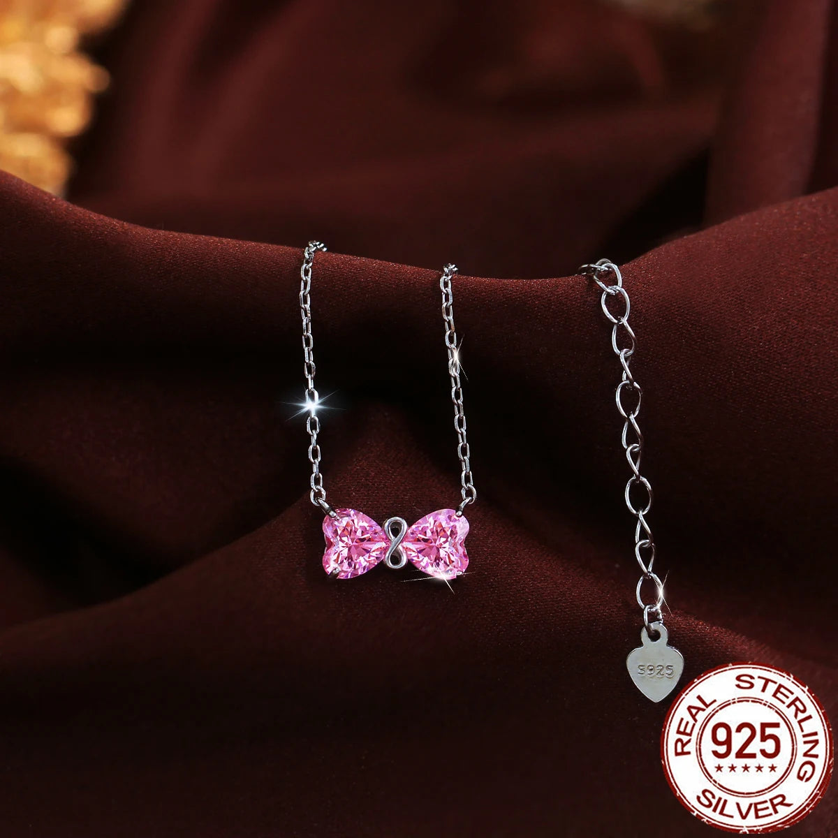 Solid 925 Sterling Silver Jewelry Lovely Pink Heart Cubic Zirconia Bow Pendant Necklace Jewelry for Women Birthday Dating Gifts