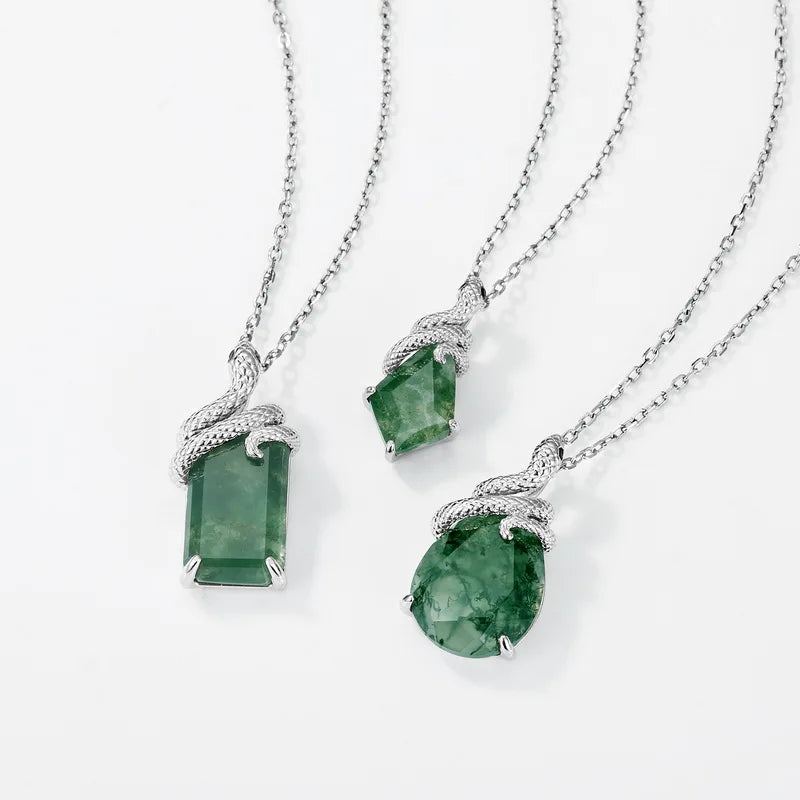 Serpent Kite Moss Agate Pendant Necklace — kite-cut natural green moss agate serpent pendant in rhodium-plated sterling silver, view 6 of 6
