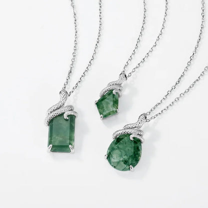 Serpent Kite Moss Agate Pendant Necklace — kite-cut natural green moss agate serpent pendant in rhodium-plated sterling silver, view 6 of 6