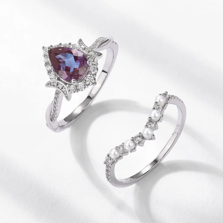 Crescent Moon Alexandrite Bridal Ring Set — pear-cut lab-created alexandrite two-ring set in rhodium-plated sterling silver, view 4 of 6