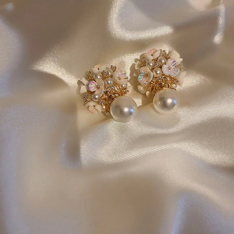Luxurious Micro-set zircon White Enamel Camellia Pearl Earrings For Women Exquisite Party Earrings