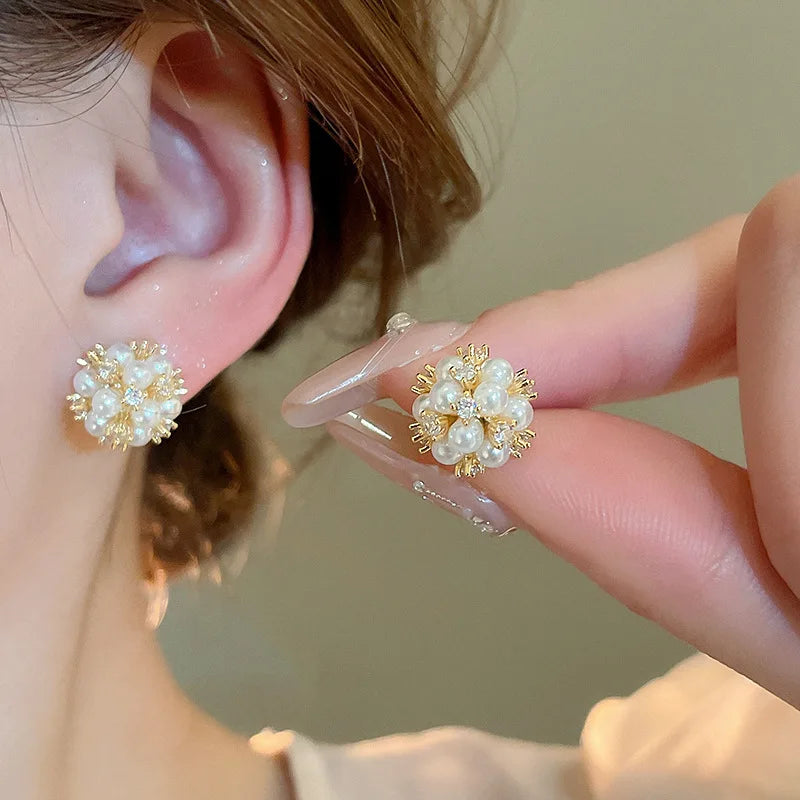 Luxurious Micro-set zircon White Enamel Camellia Pearl Earrings For Women Exquisite Party Earrings