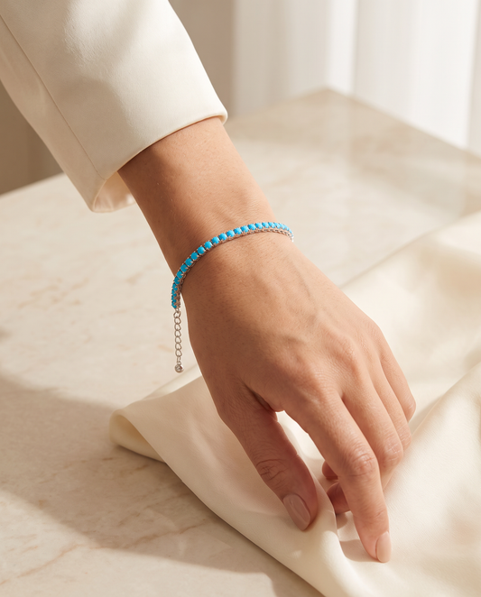 Lagoon Turquoise Tennis Bracelet worn on the wrist