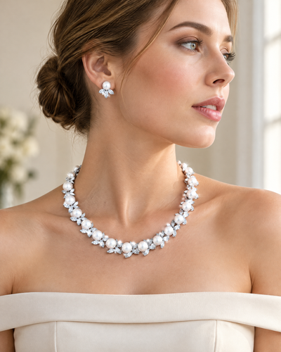 Pearl Blossom Necklace & Earring Set worn, lifestyle photo