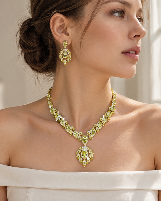 Olive CZ Bib Necklace & Earring Set worn, lifestyle photo