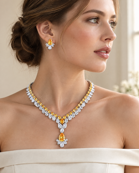 Golden Drop Necklace & Earring Set worn, lifestyle photo