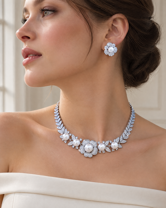 Model wearing the Ivory Pearl Bloom Necklace & Earring Set, pearls and cubic zirconia in rhodium-plated settings