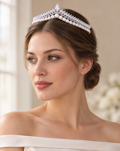 Model wearing the Pearl Marquise Queen's Peak Tiara, pearls and cubic zirconia in rhodium-plated settings