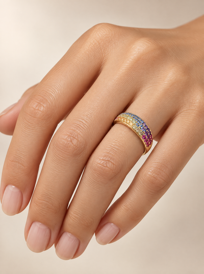 Rainbow Pave CZ Cocktail Ring worn on the hand, gold-plated sterling silver with graded rainbow pave