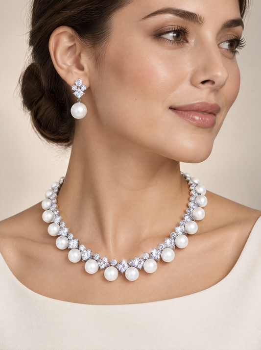 Pearl and Princess Cut Statement Necklace and Earring Set worn, rhodium-plated with pearls and square zirconia