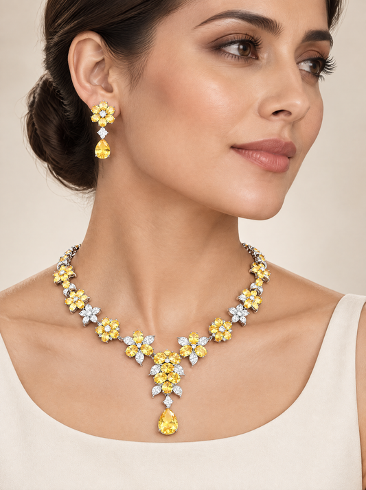 Golden Blossom Necklace and Earring Set worn, rhodium-plated with canary yellow and white zirconia flowers