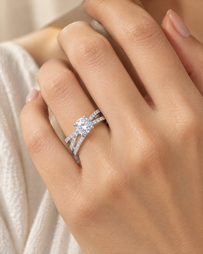 Crossover Twist Moissanite Solitaire Ring worn on the hand, lifestyle photo