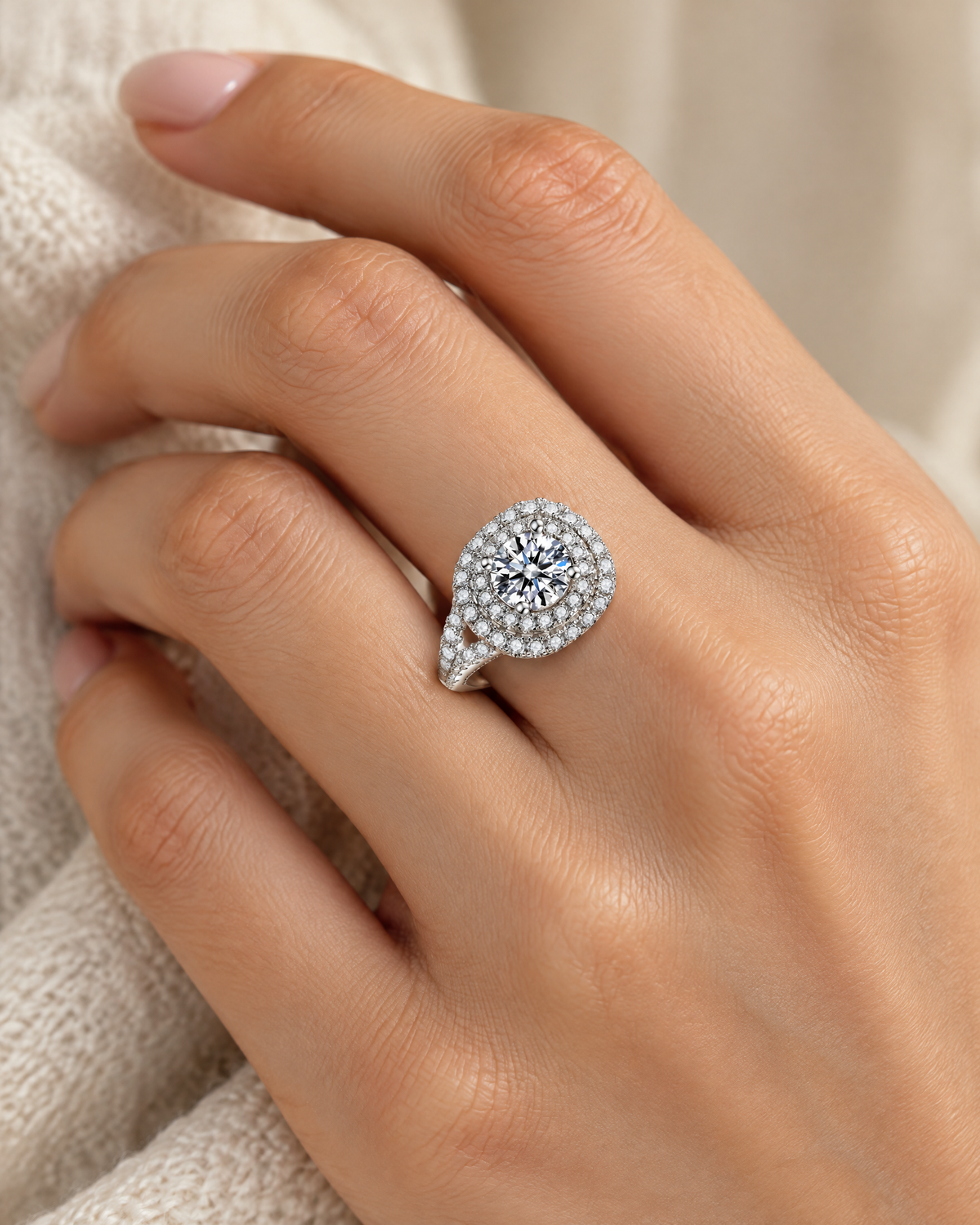 Double Halo Moissanite Engagement Ring worn on the hand, lifestyle photo