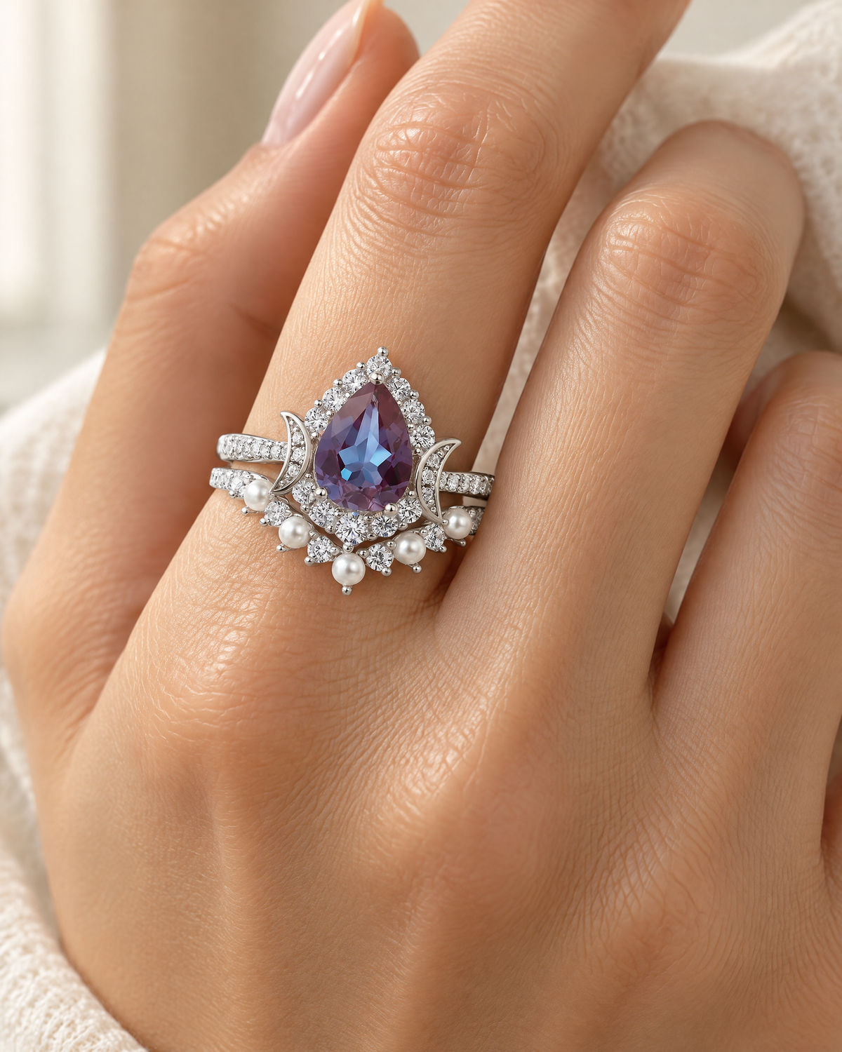Crescent Moon Alexandrite Bridal Ring Set worn on the hand, lifestyle photo