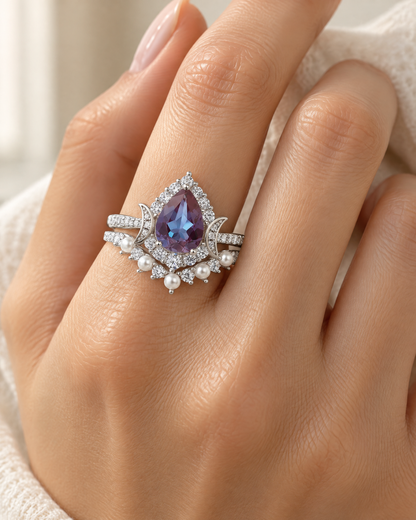 Crescent Moon Alexandrite Bridal Ring Set worn on the hand, lifestyle photo