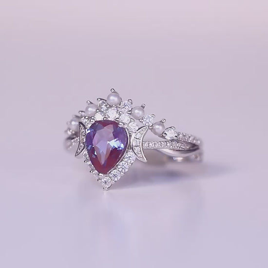 Crescent Moon Alexandrite Bridal Ring Set — product video